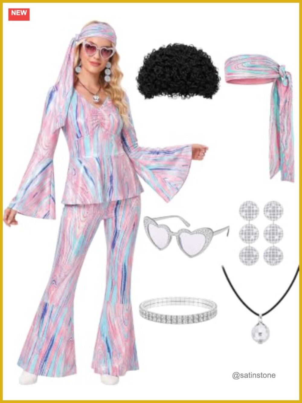 70s Disco Costume Women Sequin Bell Sleeve Top Flared Pants 8-Piece Retro